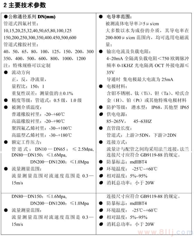 分體式電磁流量計技術參數(shù)